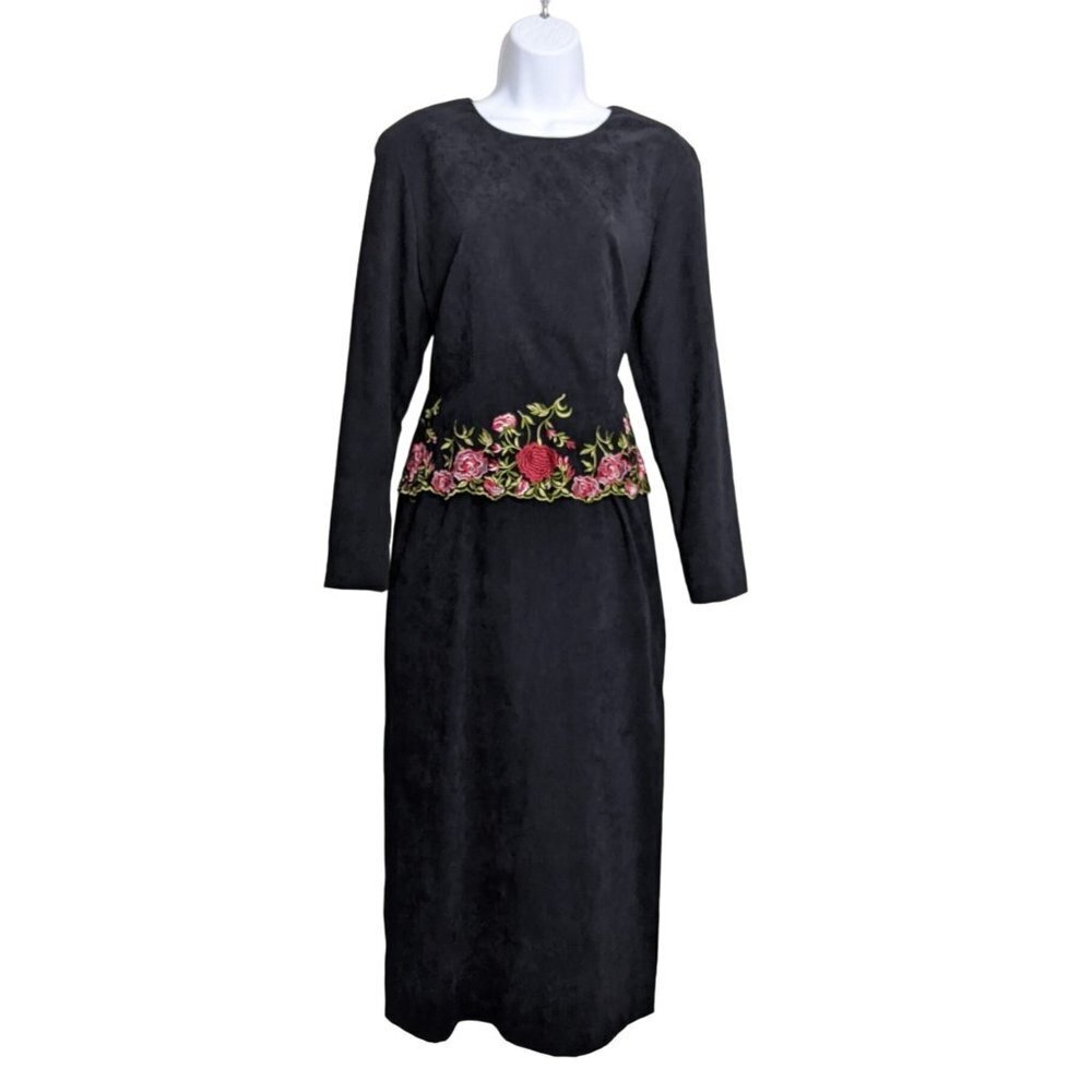 Positive Attitude Women's Black Maxi Dress Long sleeve embroidered floral size 8
